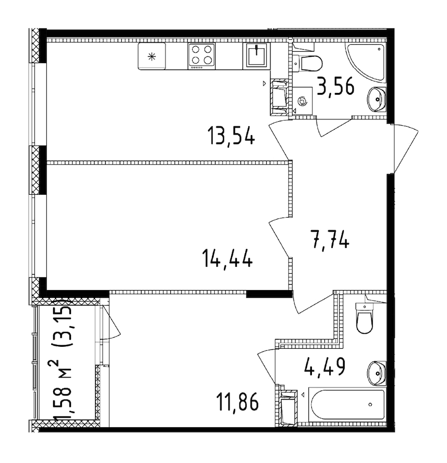 2-комнатная квартира 58.78 м², 13/14 эт., ЖК «Чёрная речка(Nordest)»
